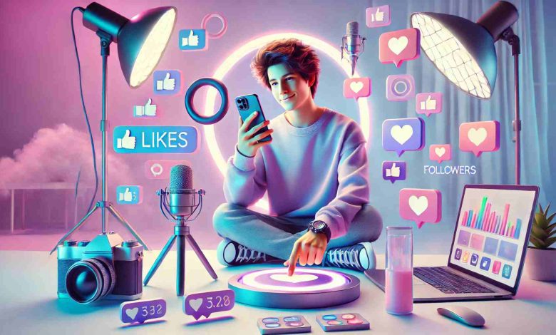 DALL·E 2025 01 16 16.54.30 A horizontal image symbolizing personal branding for influencers. The scene shows a young influencer holding a smartphone creating content in a moder - برندهای شخصی: از سلبریتی ها تا اینفلوئنسرهای ناشناخته