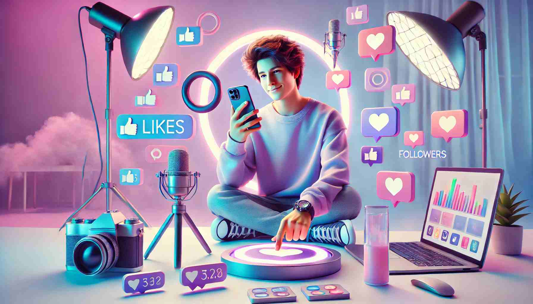 DALL·E 2025 01 16 16.54.30 A horizontal image symbolizing personal branding for influencers. The scene shows a young influencer holding a smartphone creating content in a moder - برندهای شخصی: از سلبریتی ها تا اینفلوئنسرهای ناشناخته