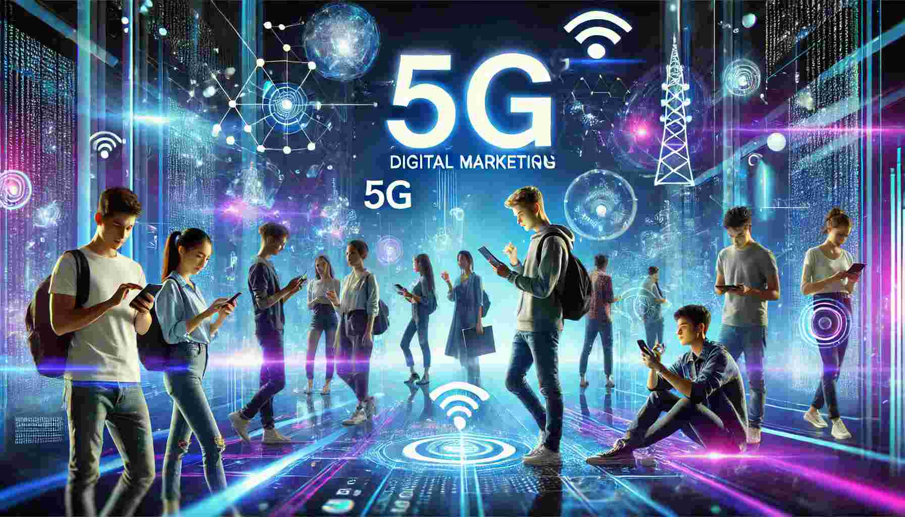 DALL·E 2025 02 06 09.51.45 A high tech digital marketing campaign for a telecom provider featuring a dynamic futuristic design with neon blue and purple hues. The image should - هویت بصری در عصر دیجیتال: چگونه اپراتورهای مخابراتی برای جلب توجه نسل جدید رقابت می‌کنند؟
