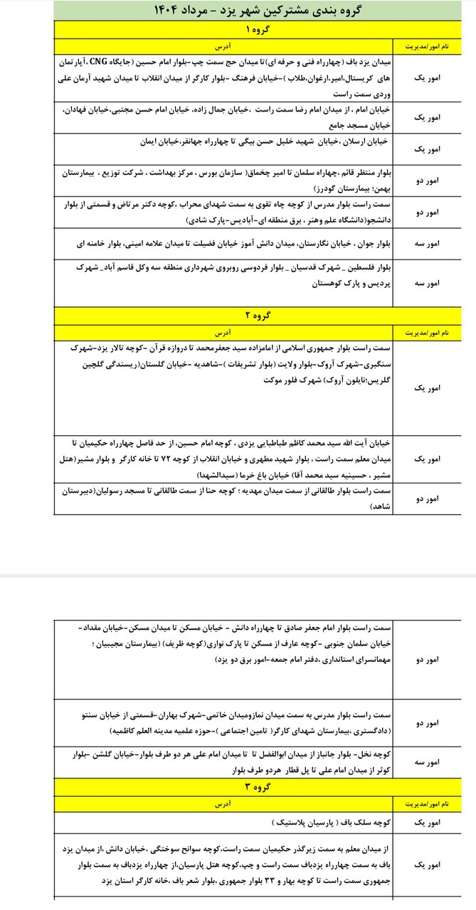 جدول قطعی برق یزد امروز جمعه ۲۱ شهریور ۱۴۰۴ + ساعات خاموشی