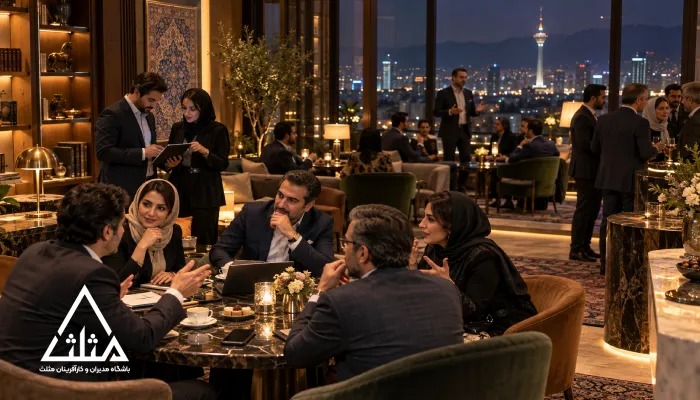 جمعی از مدیران و کارآفرینان ایرانی در فضای باشگاه مدیران، در حال گفت_وگو، تبادل تجربه و شبکه_سازی حرفه_ای در گروه_های کوچک
